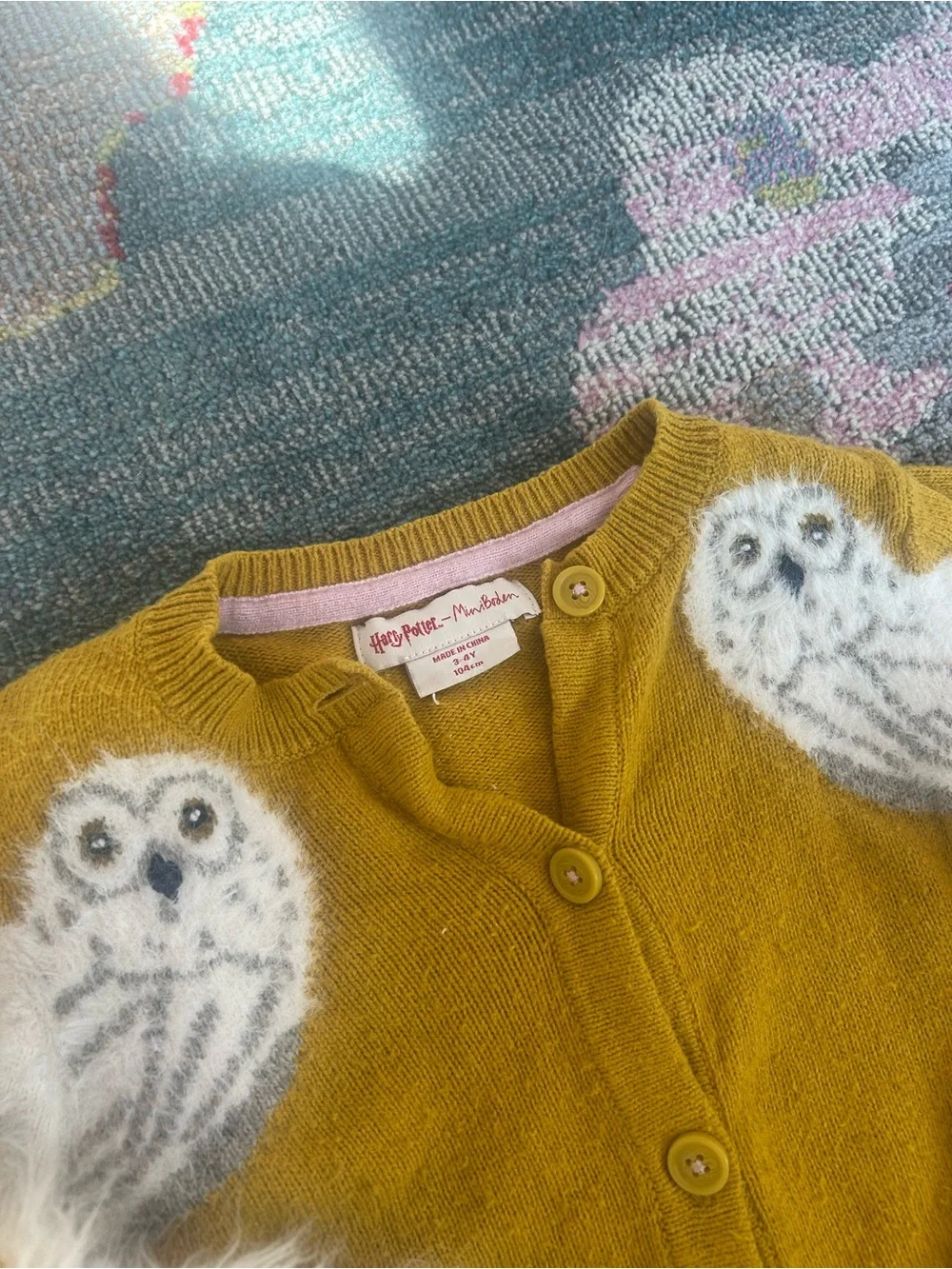 Mini Boden x Harry Potter Mustard Yellow Owl Cardigan with Fuzzy Details